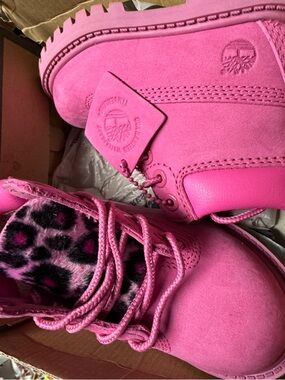 Timberland Kids Hot Pink Suede Lace-Up Boots with Leopard Tongue (custom)